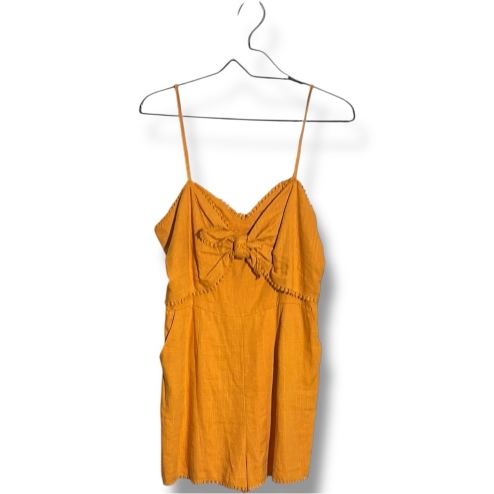 HYGVE Chic Sleeveless Crochet Trim Mustard Adjustable Straps Tie-Front Romper - Picture 15 of 16